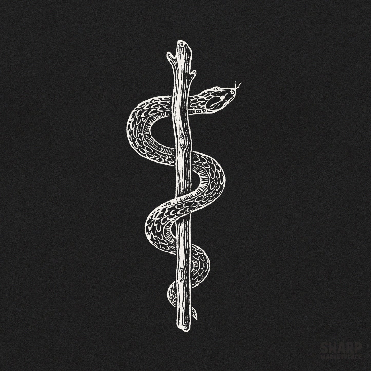 Spooky snake wrapped around a wooden stick tattoo png graphic for Halloween shirts and sublimation shirt art