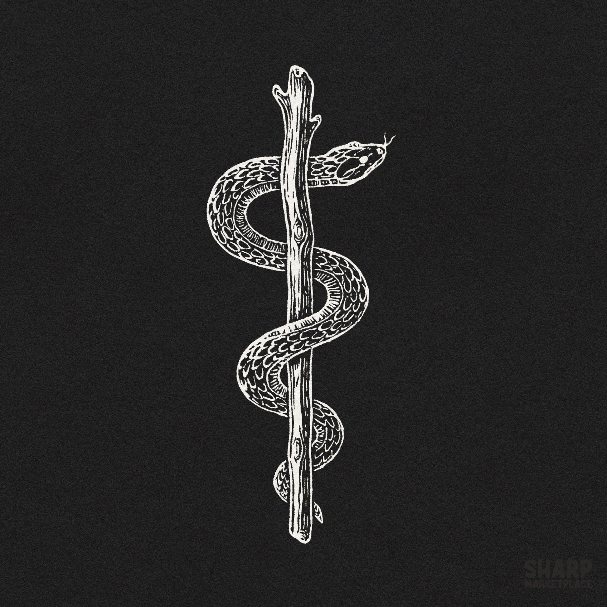 Spooky snake wrapped around a wooden stick tattoo png graphic for Halloween shirts and sublimation shirt art