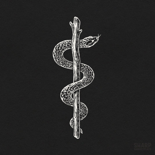 Spooky snake wrapped around a wooden stick tattoo png graphic for Halloween shirts and sublimation shirt art