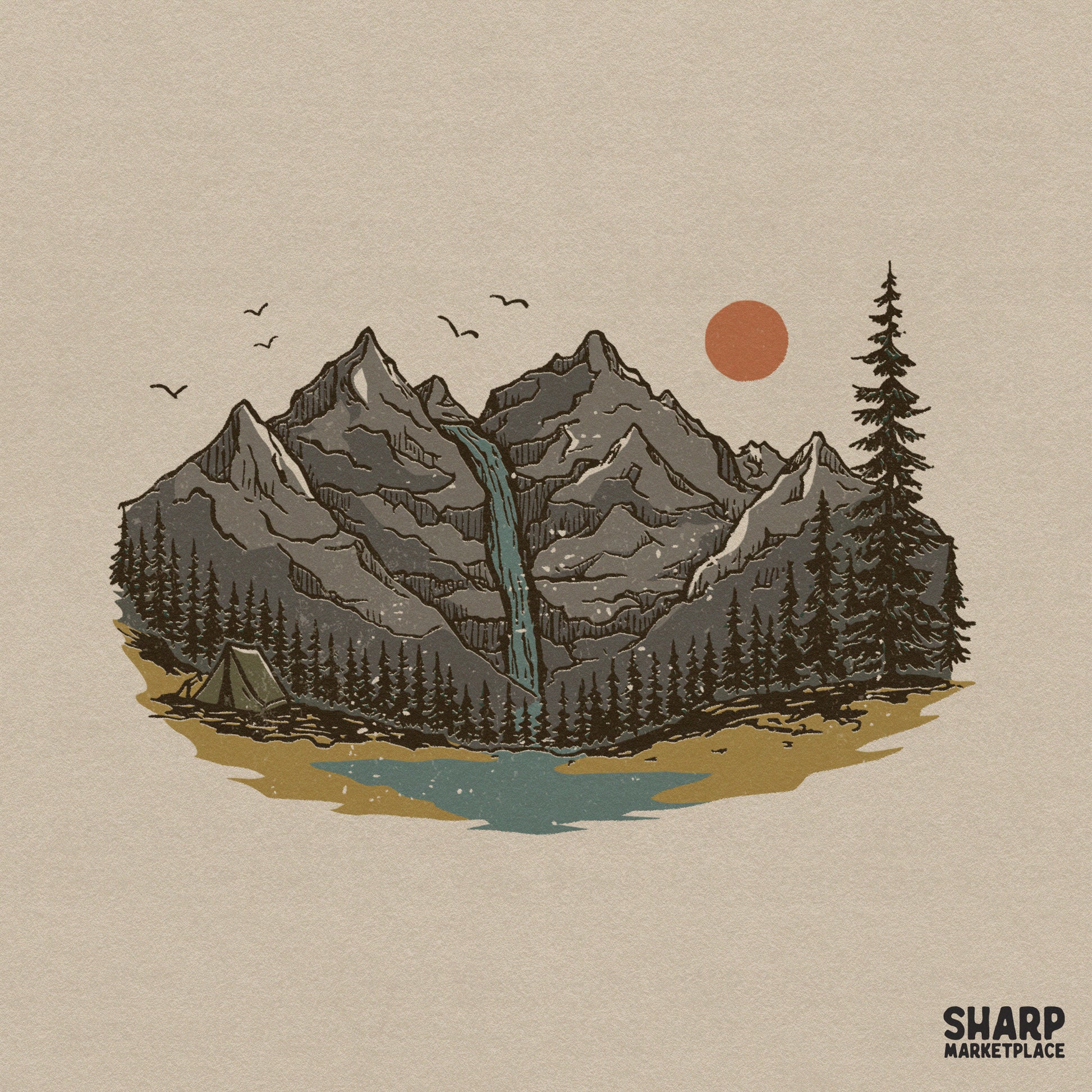 Vintage mountain landscape graphic with retro waterfall and tent for fall camping sublimation shirts and outdoors decor