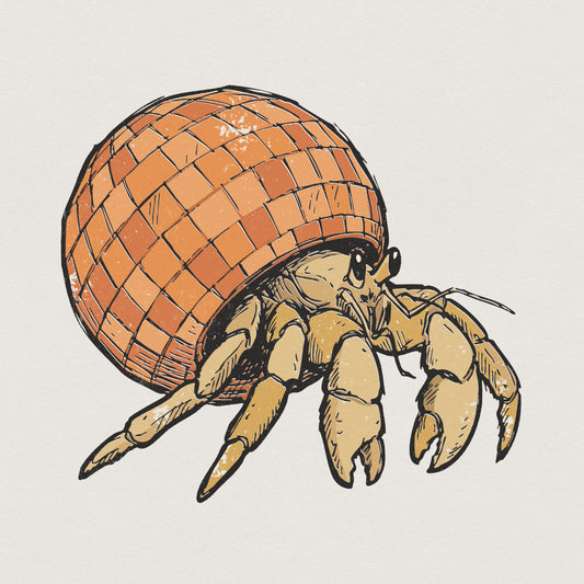 Whimsical hermit crab illustration featuring a retro orange disco ball as its shell, perfect for beach-themed sublimation shirts and stickers.