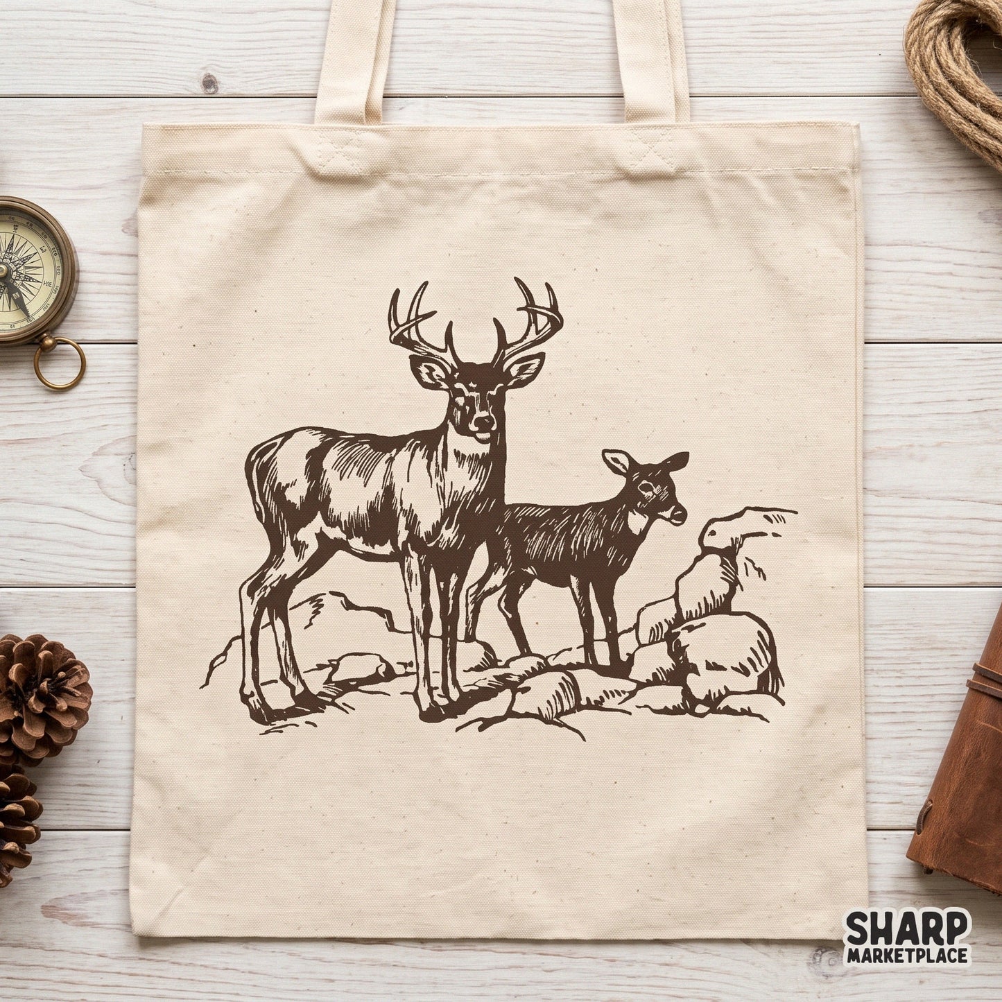 Vintage buck and fawn woodland sketch hunting png for sublimation shirts and retro nature lover art