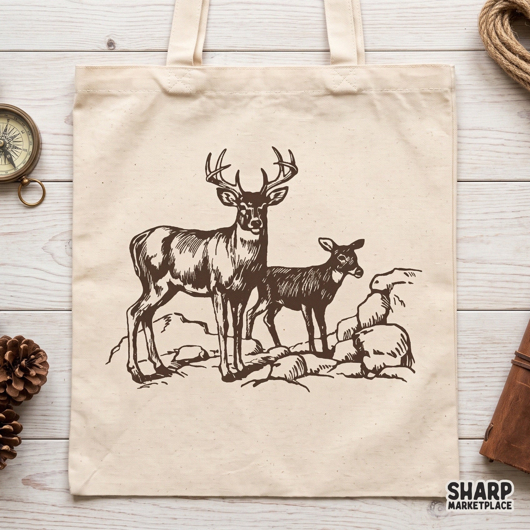 Vintage buck and fawn woodland sketch hunting png for sublimation shirts and retro nature lover art