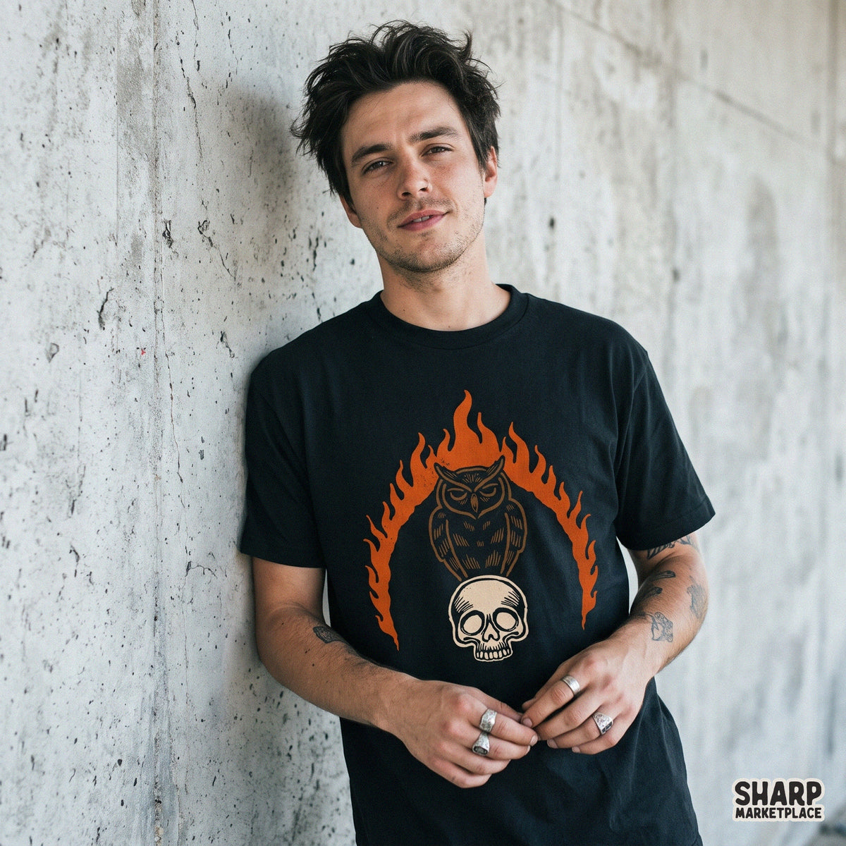 Symmetrical owl perched on a skull surrounded by flames in a dark gothic Halloween PNG sublimation design for t-shirts