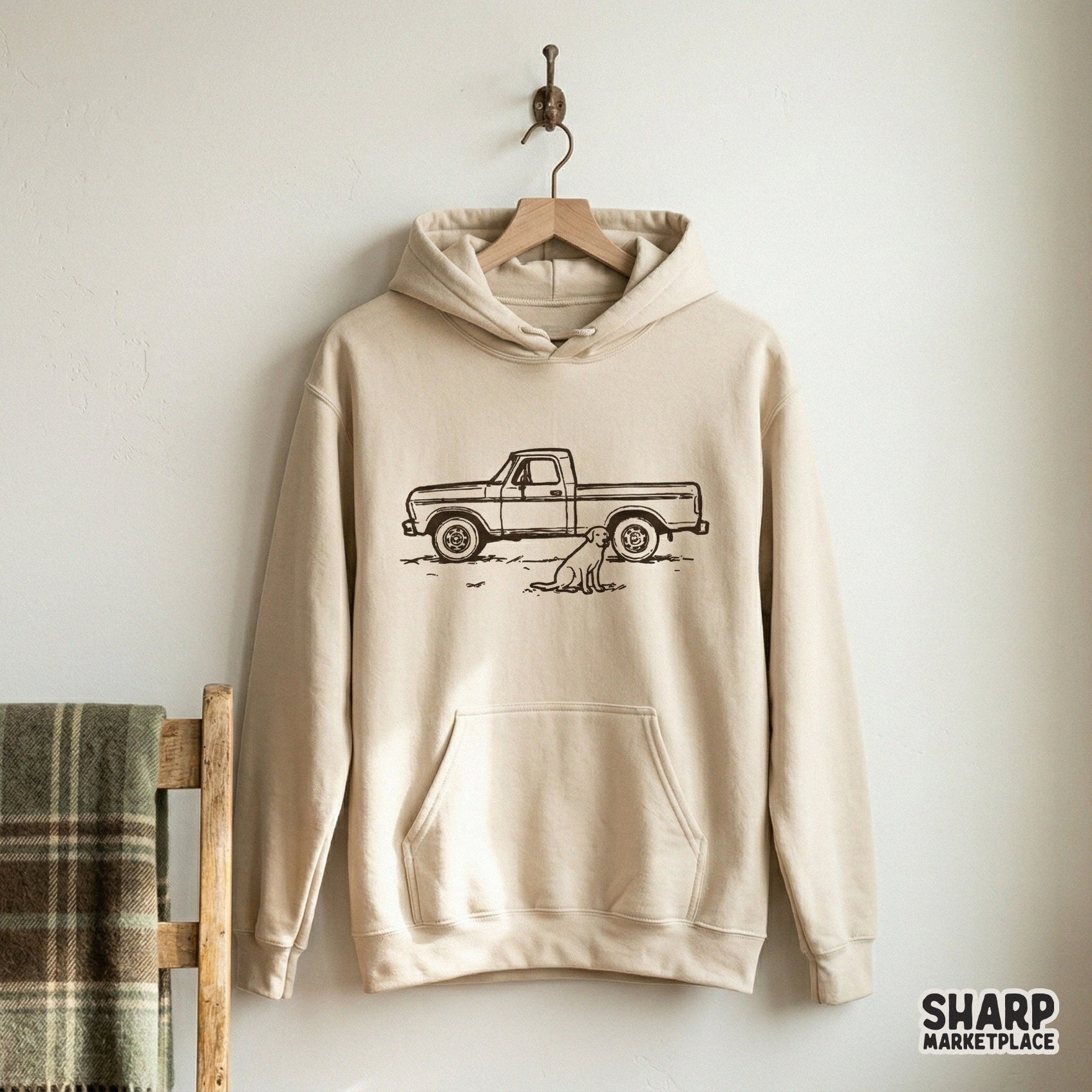 Minimalist western line art illustration of a classic pickup truck and a dog companion, suitable for creating rustic wall art or custom tumbler designs.