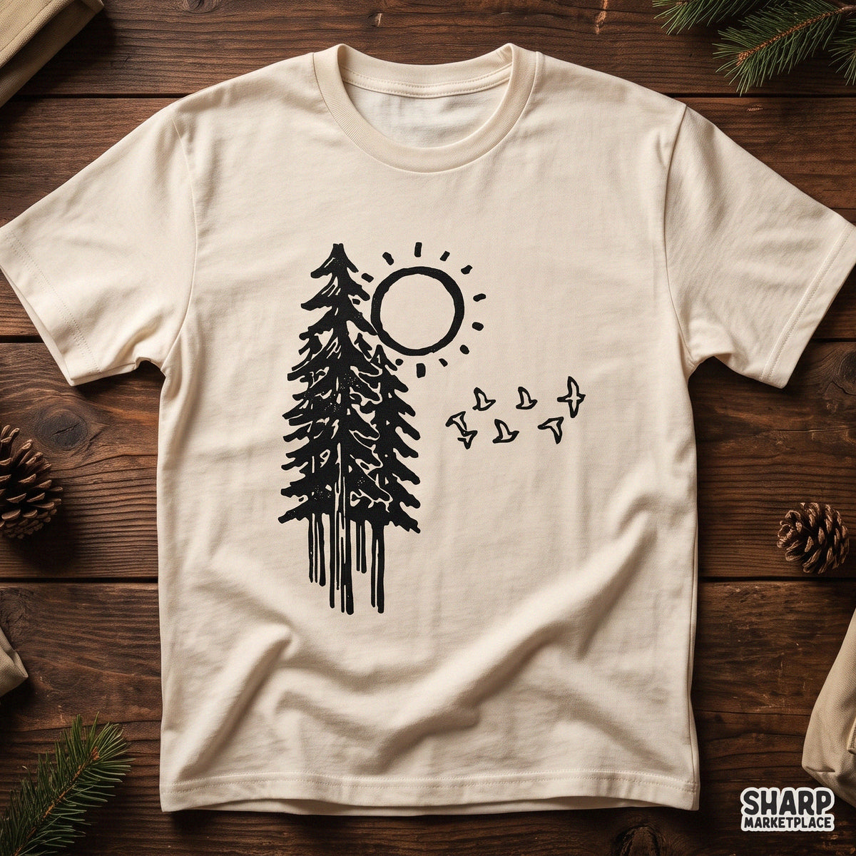 Rustic pine tree in morning sun with flying birds linocut art retro sublimation PNG design for t-shirts