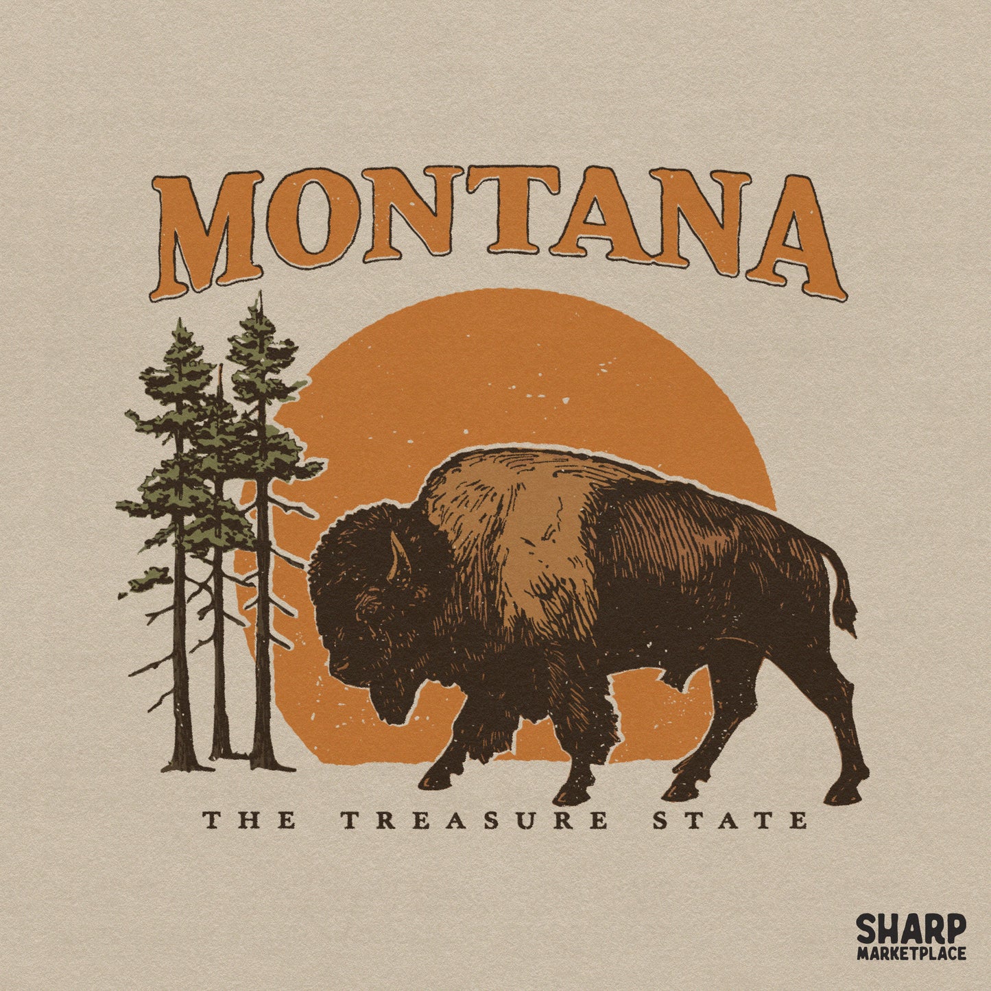 Vintage sunset sublimation design featuring a Montana wild buffalo and pine trees for a western camping shirt