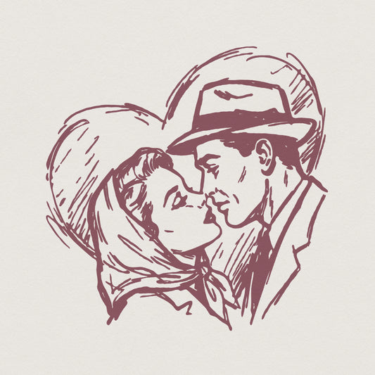 Vintage style romantic couple illustration in muted maroon, featuring a man in a fedora kissing a woman in a headscarf, ideal for sublimation or apparel.