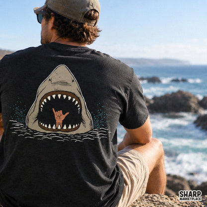 Funny great white shark giving a hang loose shaka hand sign for summer beach shirts and tumbler wrap sublimation designs