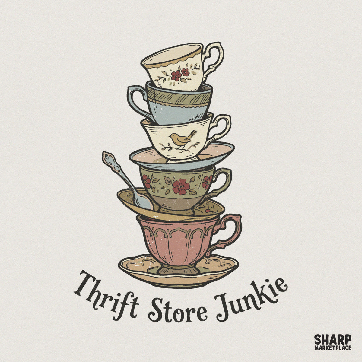 Whimsical stack of five mismatched vintage teacups and saucers with a silver spoon and hand-lettered Thrift Store Junkie text in a boho art style.