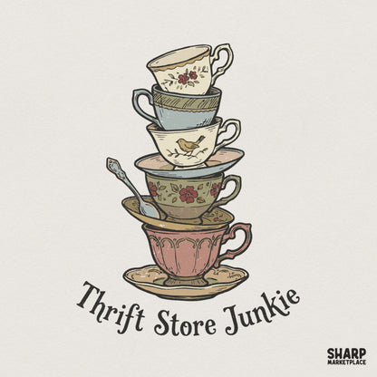 Whimsical stack of five mismatched vintage teacups and saucers with a silver spoon and hand-lettered Thrift Store Junkie text in a boho art style.