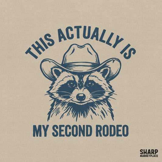 Vintage style illustration of a raccoon wearing a cowboy hat with the text This Actually Is My Second Rodeo in slate blue, perfect for sublimation.
