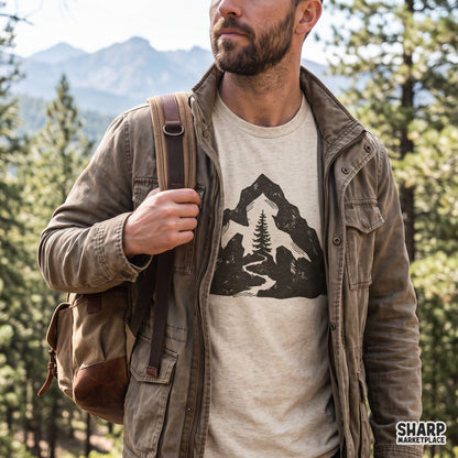 Mountain silhouette with pine trees and river cutout, retro outdoor camping PNG design for t-shirts and Cricut crafting