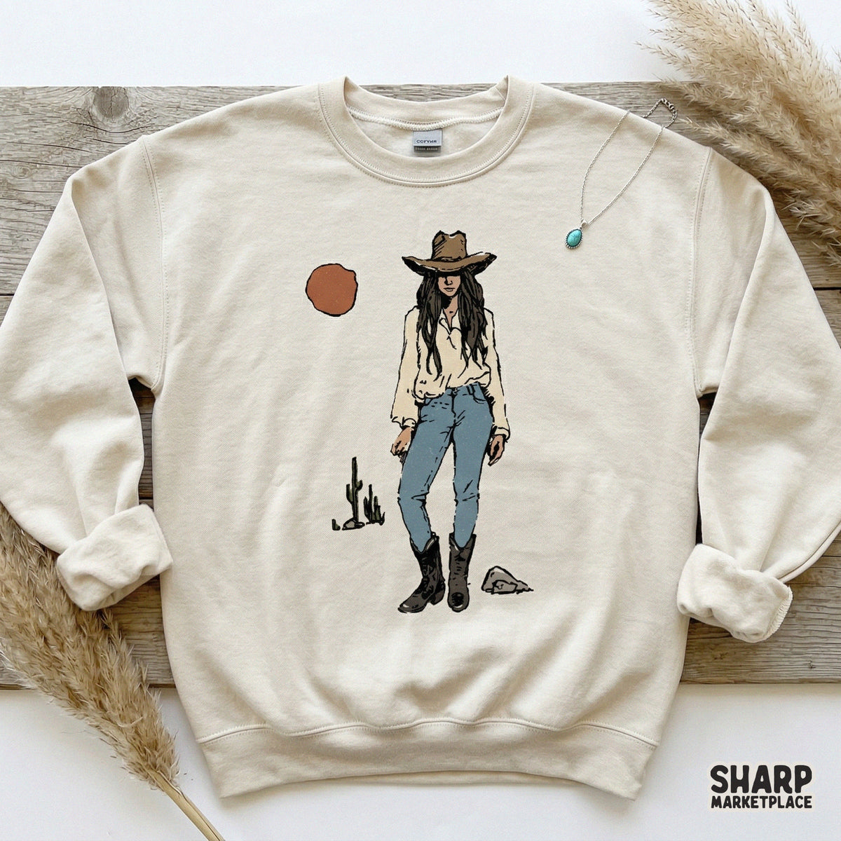 Moody desert cowgirl illustration with gritty textures, ideal for sublimation transfers on oversized tees or unique western-themed home decor projects.