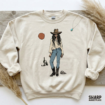 Moody desert cowgirl illustration with gritty textures, ideal for sublimation transfers on oversized tees or unique western-themed home decor projects.