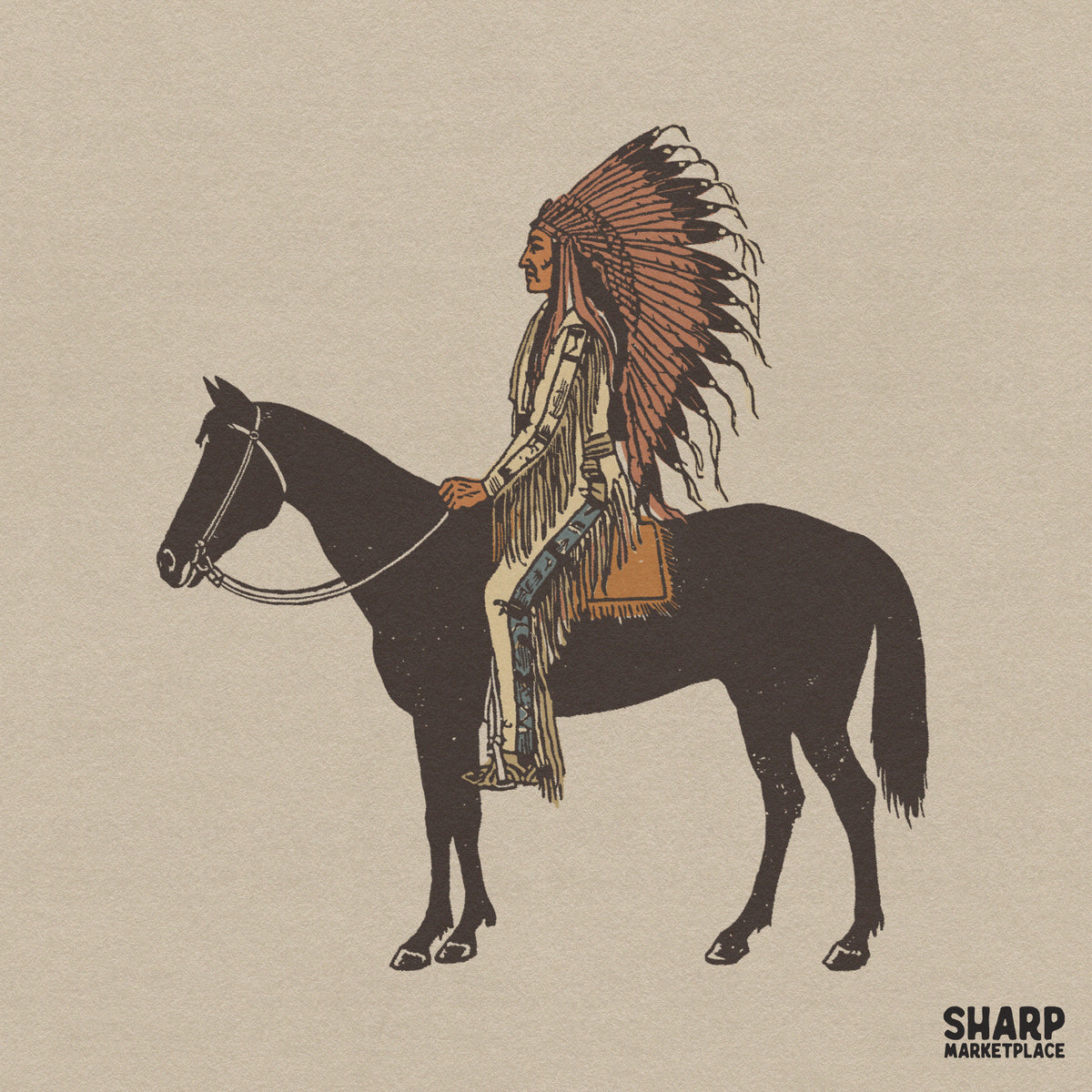 Native American chief riding a horse retro western PNG design for t-shirts and apparel
