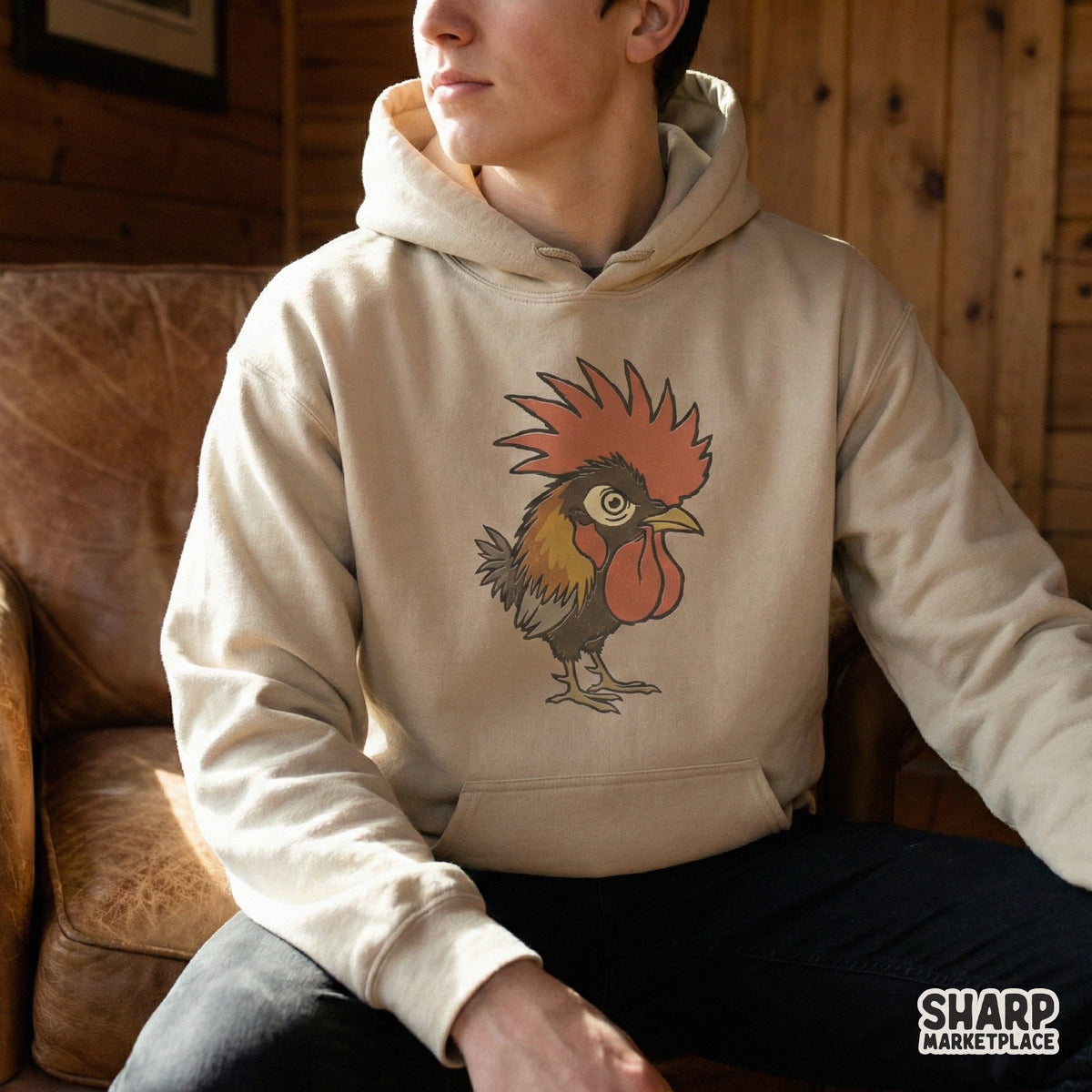 Funny farm animal artwork showing a grumpy rooster with a large red wattle, suitable for high-quality apparel printing and custom gift projects.