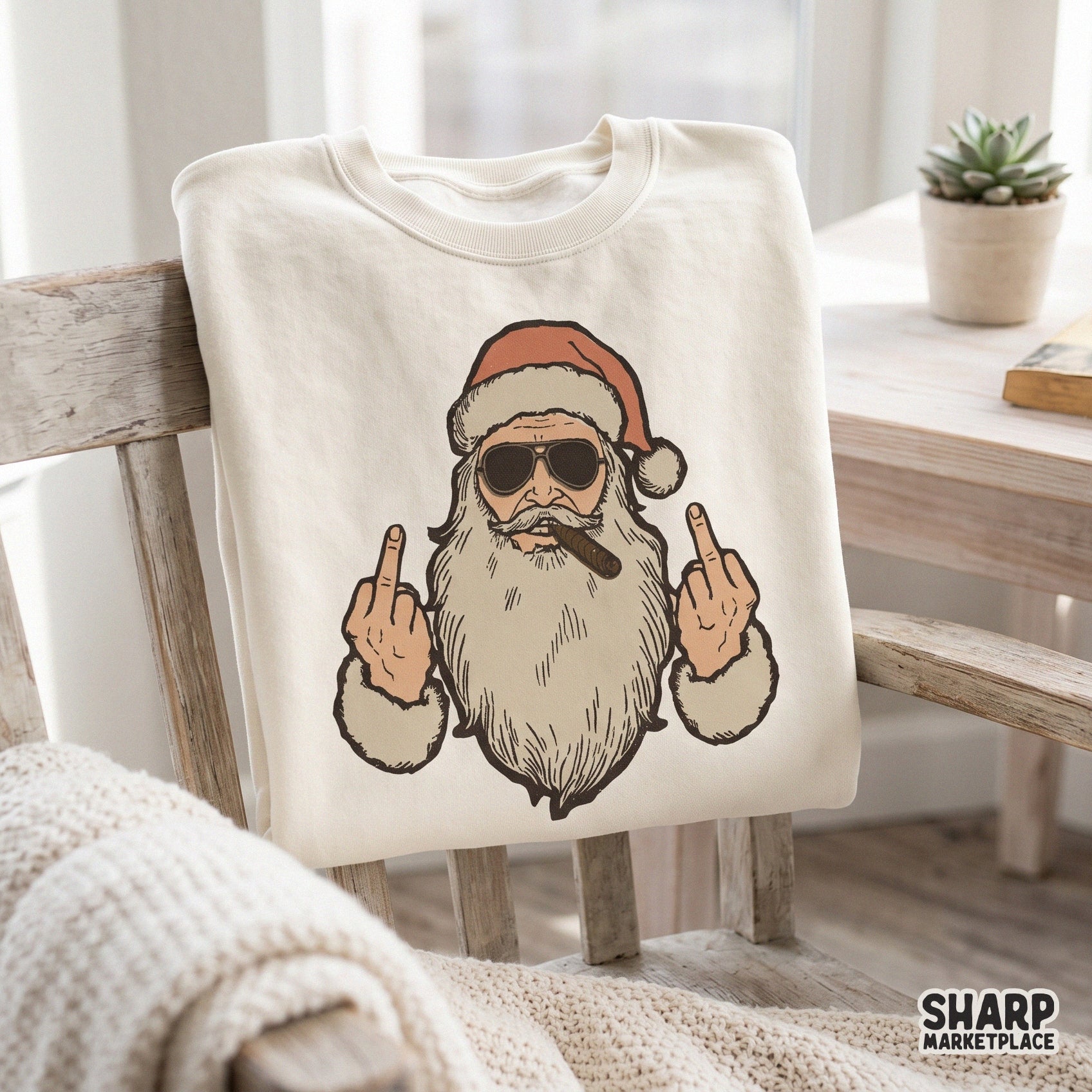 Bad Santa flipping the bird and smoking a cigar in a vintage retro design for funny Christmas holiday sublimation shirts