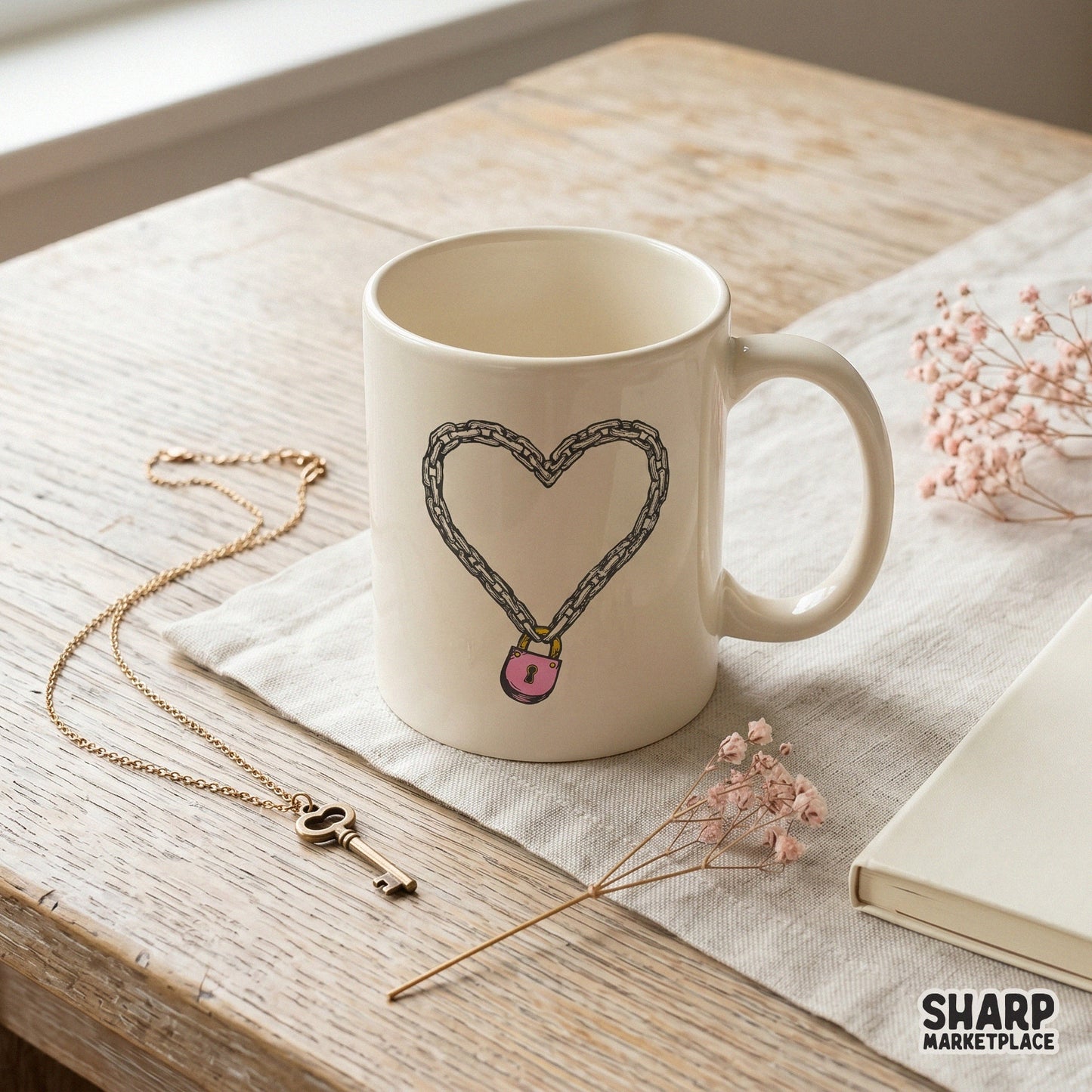 Edgy chain heart padlock illustration with a vintage grunge aesthetic, ideal for sublimation transfers and unique couple apparel.