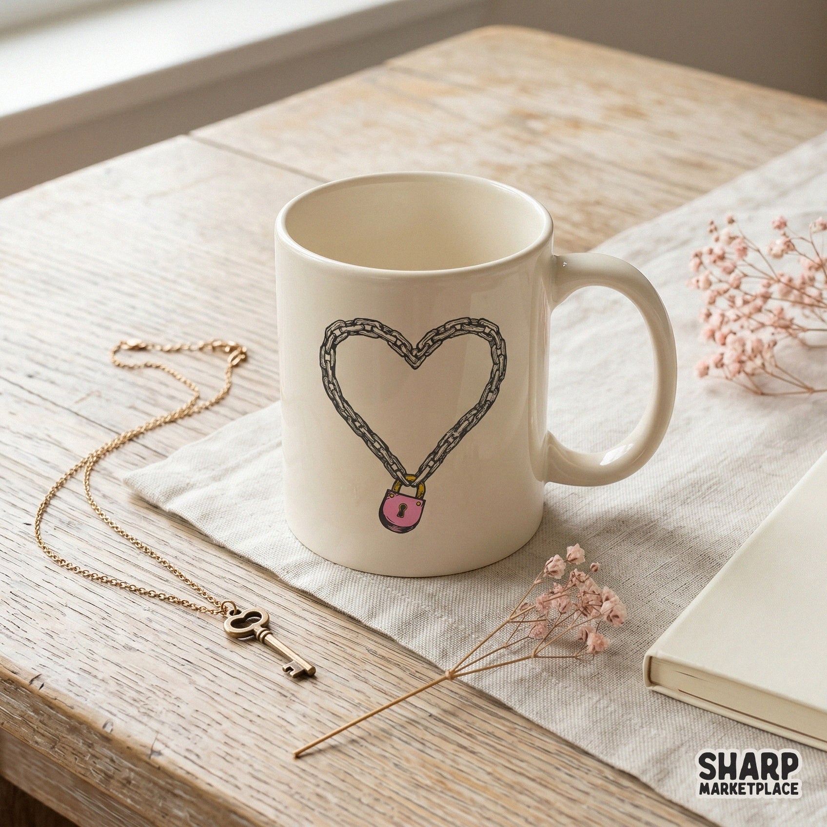 Edgy chain heart padlock illustration with a vintage grunge aesthetic, ideal for sublimation transfers and unique couple apparel.