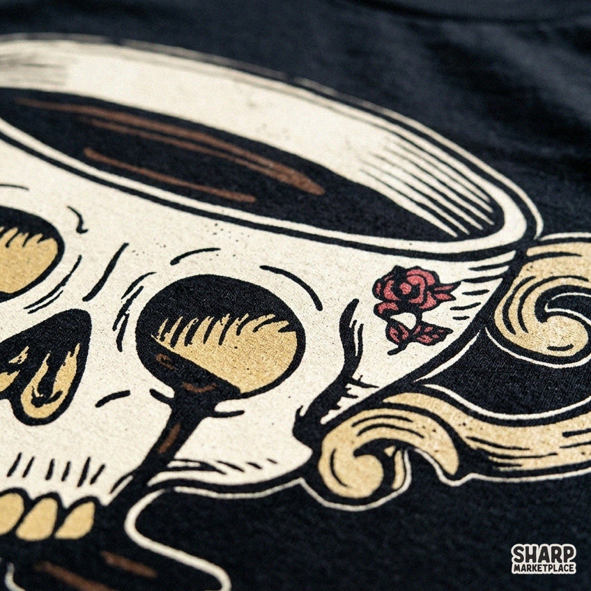 Vintage gothic skull teacup dripping coffee design with roses for Halloween sublimation t-shirt prints