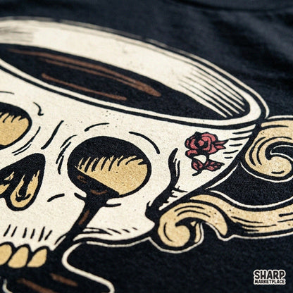 Vintage gothic skull teacup dripping coffee design with roses for Halloween sublimation t-shirt prints