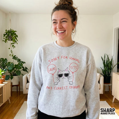 Retro-style sketch of a cool cat with sunglasses and red balloons, paired with a funny, bold text design perfect for custom apparel and sublimation.