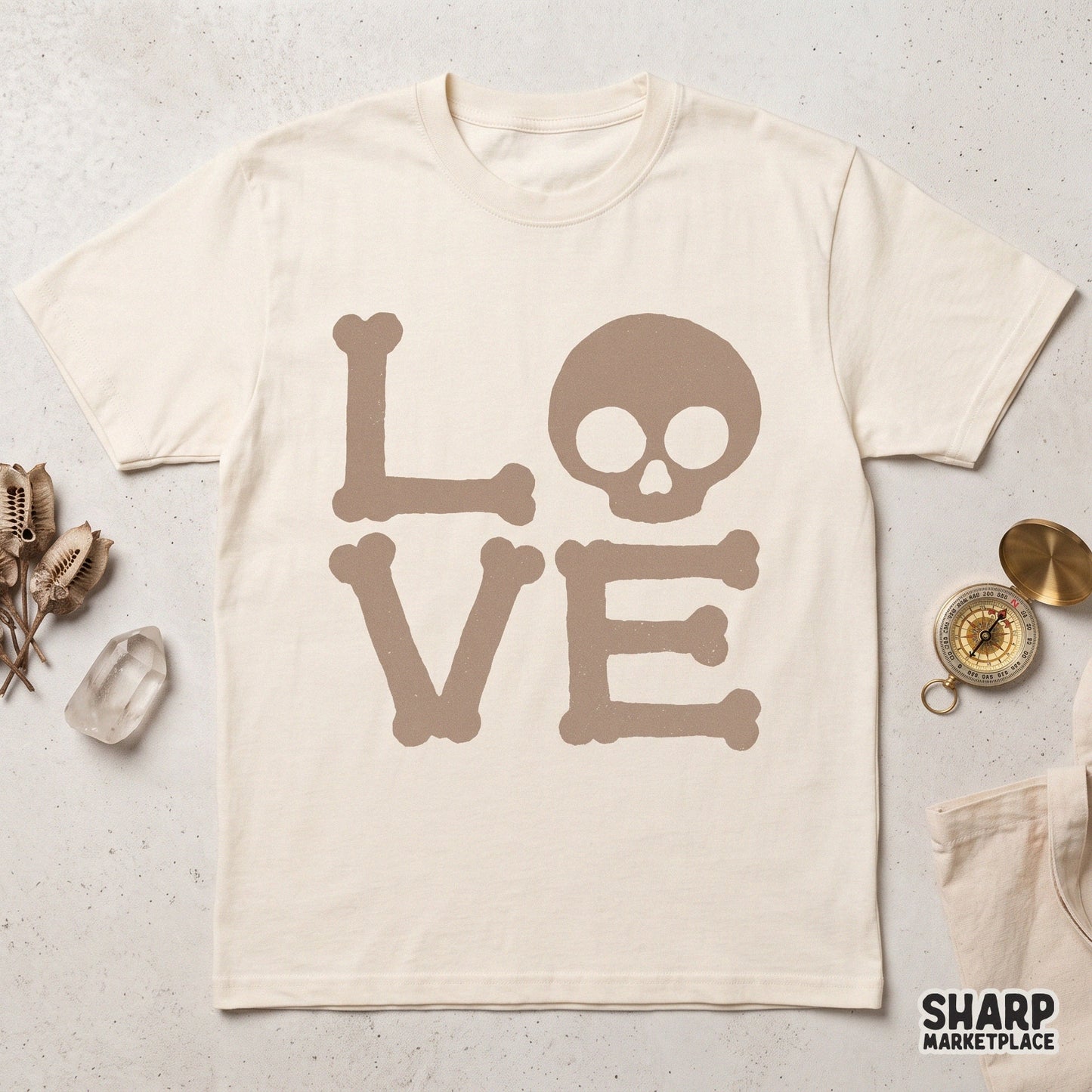 Spooky LOVE bone letters and skeleton skull PNG sublimation design for gothic Valentine's Day retro graphic tees
