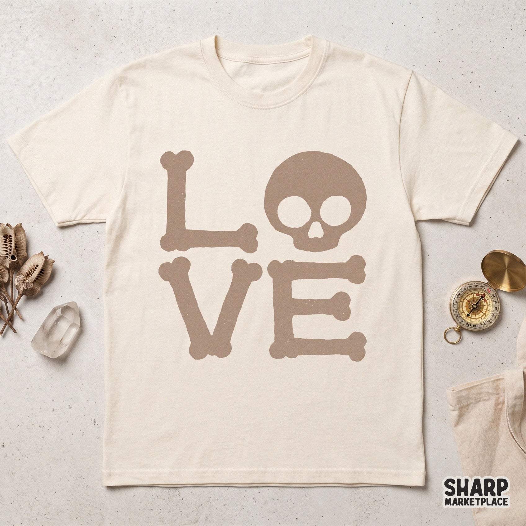 Spooky LOVE bone letters and skeleton skull PNG sublimation design for gothic Valentine's Day retro graphic tees