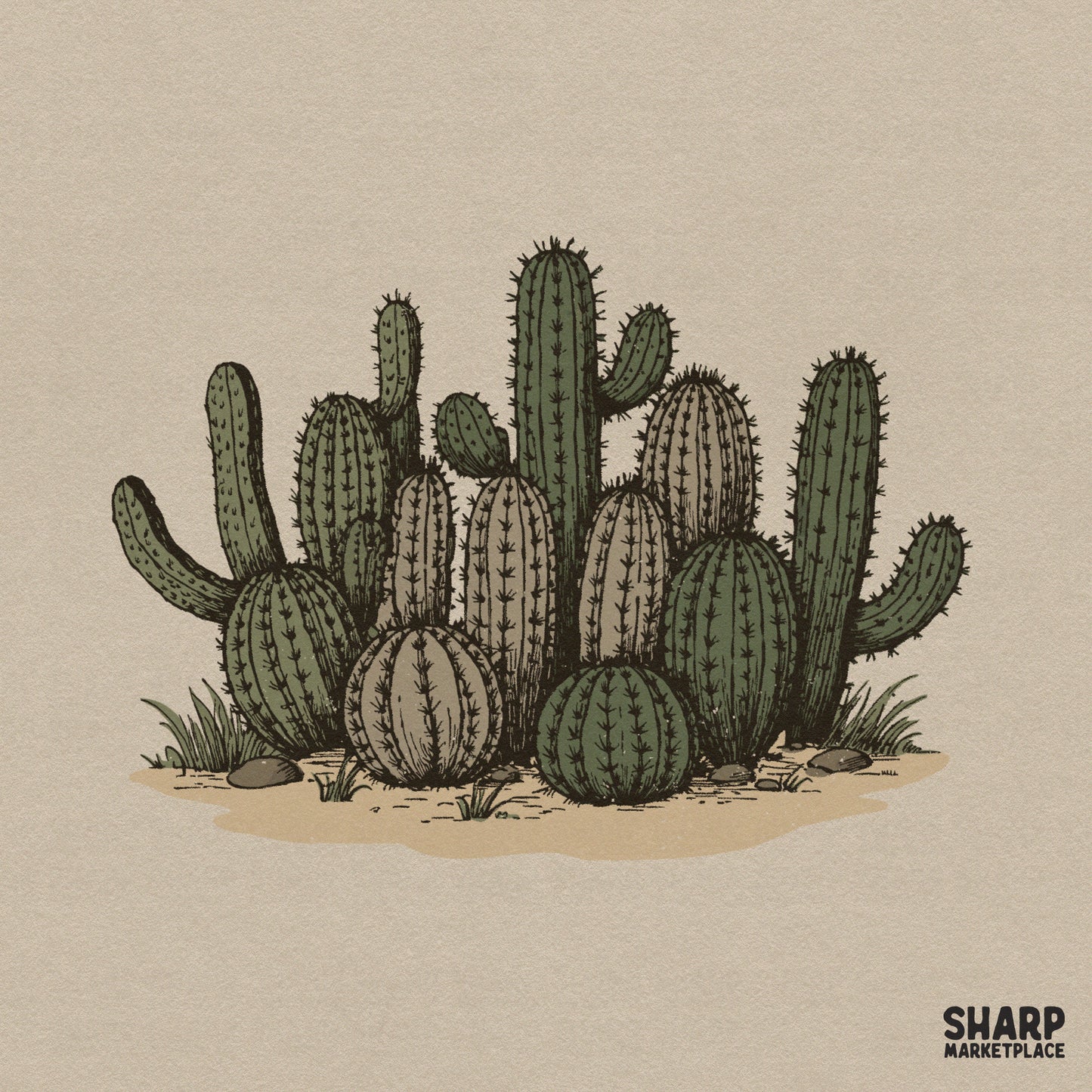 Vintage cactus cluster illustration for western sublimation designs and trendy boho desert plant shirts
