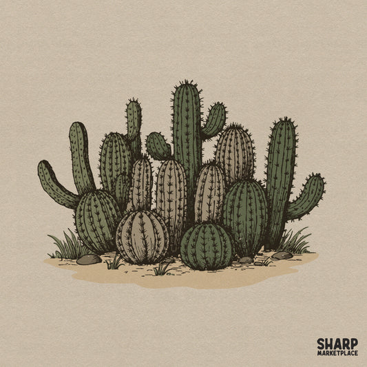 Vintage cactus cluster illustration for western sublimation designs and trendy boho desert plant shirts