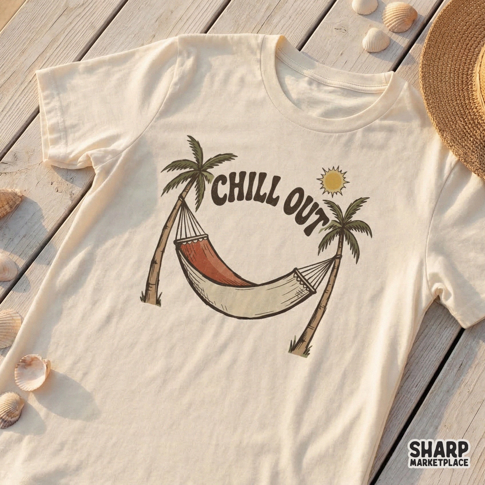 Vintage style summer graphic on a light t-shirt showing a hammock between palm trees and the words Chill Out for beach themed DIY apparel projects.