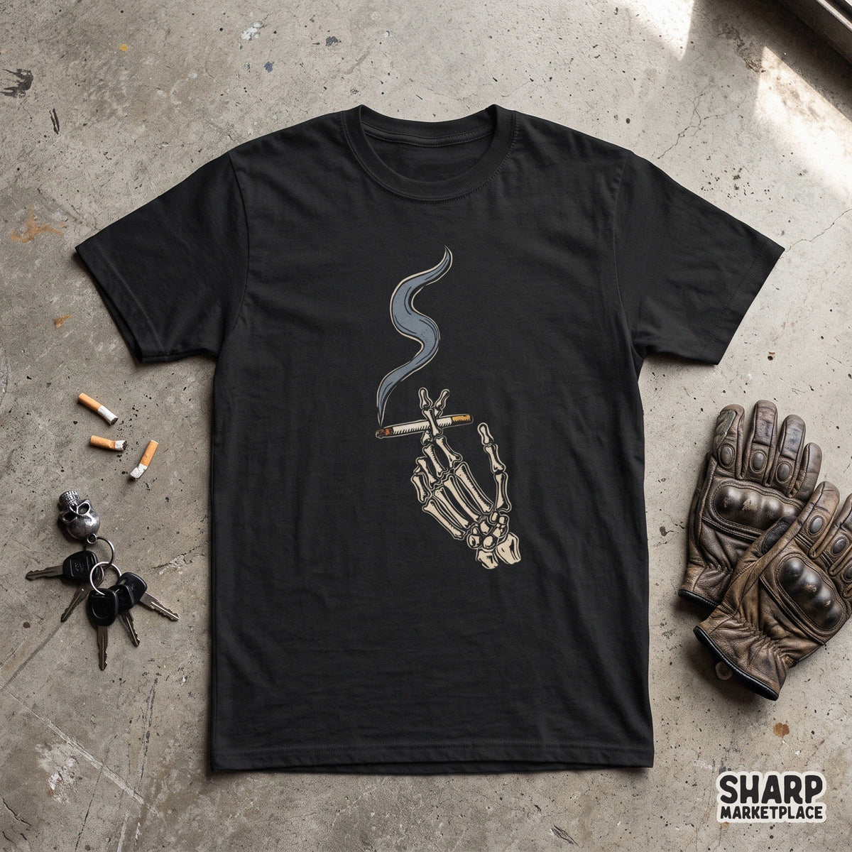 Gothic skeleton hand holding a cigarette PNG graphic for edgy streetwear apparel and Halloween t-shirt designs