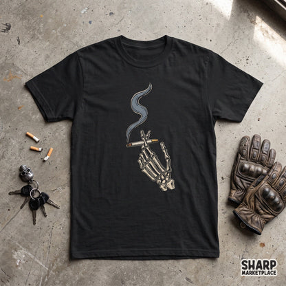Gothic skeleton hand holding a cigarette PNG graphic for edgy streetwear apparel and Halloween t-shirt designs