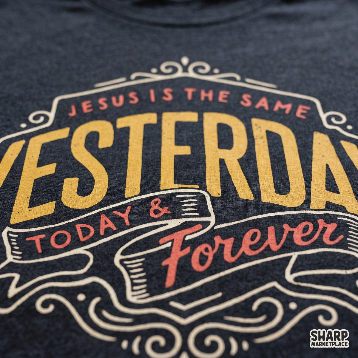Vintage Christian typography PNG featuring Jesus Is The Same Yesterday Today & Forever quote for shirt designs