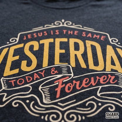 Vintage Christian typography PNG featuring Jesus Is The Same Yesterday Today & Forever quote for shirt designs
