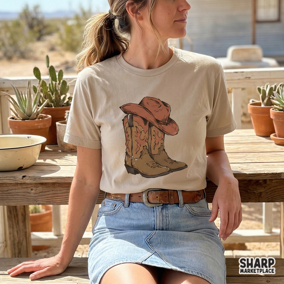 Trendy western sublimation design featuring a brown cowboy hat resting on tall leather cowgirl boots, perfect for custom t-shirts and tumblers.