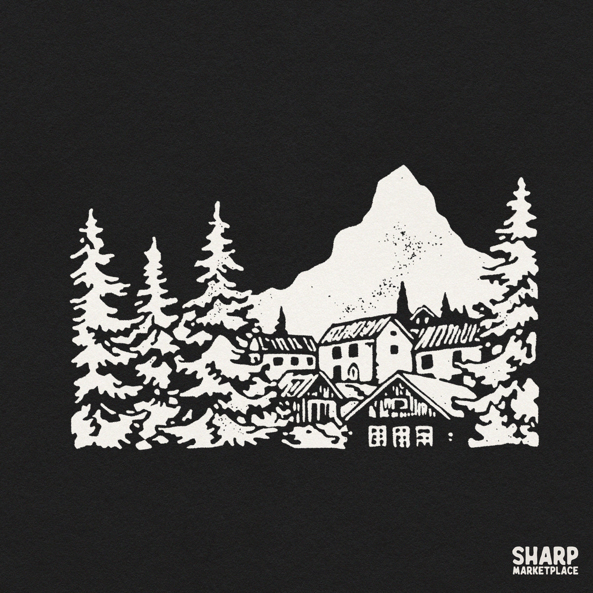 Retro white winter mountain landscape silhouette with cabins and pine trees PNG for t-shirts