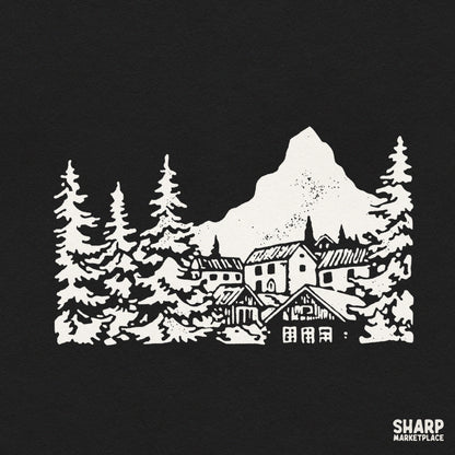Retro white winter mountain landscape silhouette with cabins and pine trees PNG for t-shirts