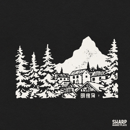 Retro white winter mountain landscape silhouette with cabins and pine trees PNG for t-shirts