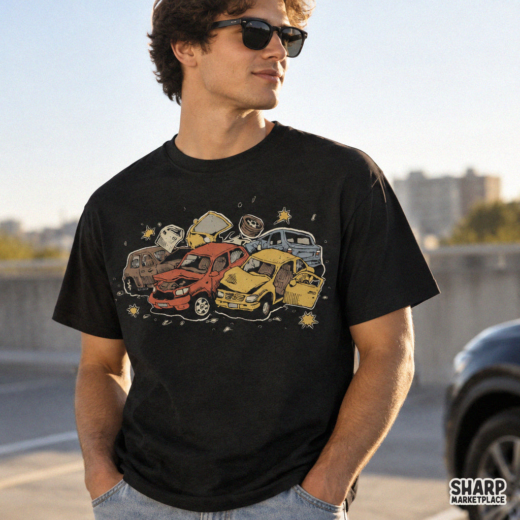 Pile of crushed and wrecked cars in a colorful auto junkyard scene retro png sublimation graphic