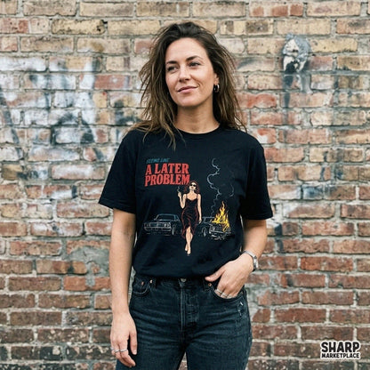 Sarcastic retro graphic tee design of an unbothered woman in a red dress near a car on fire, perfect for shirt printing