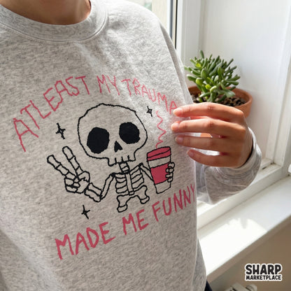 Whimsical skeleton illustration holding coffee with a peace sign, featuring funny mental health themed text for creative print-on-demand designs.