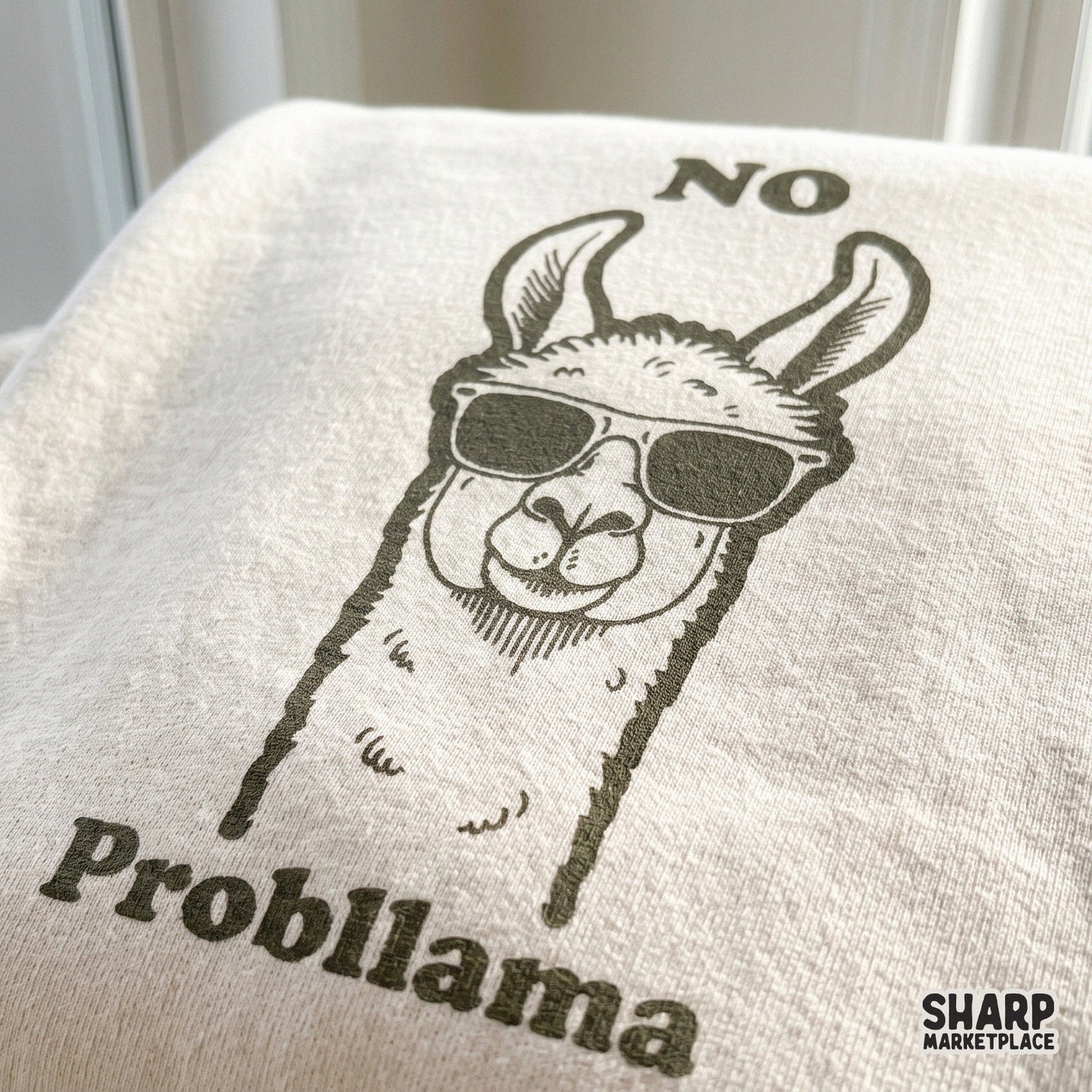 Retro llama headshot with sunglasses and NO Probllama quote for animal lover sublimation shirt designs and stickers