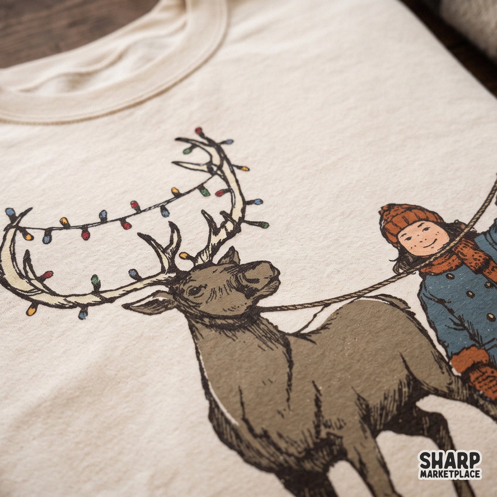 Vintage retro kid and reindeer with Christmas lights holiday graphic for cozy season shirt sublimation and winter crafts