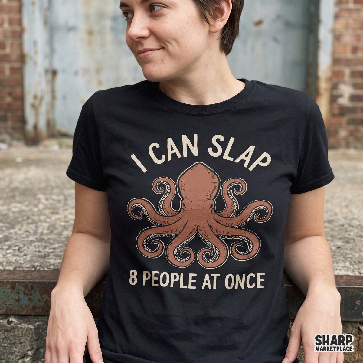 Sarcastic angry octopus with I Can Slap 8 People At Once text, funny png design for t-shirts and apparel