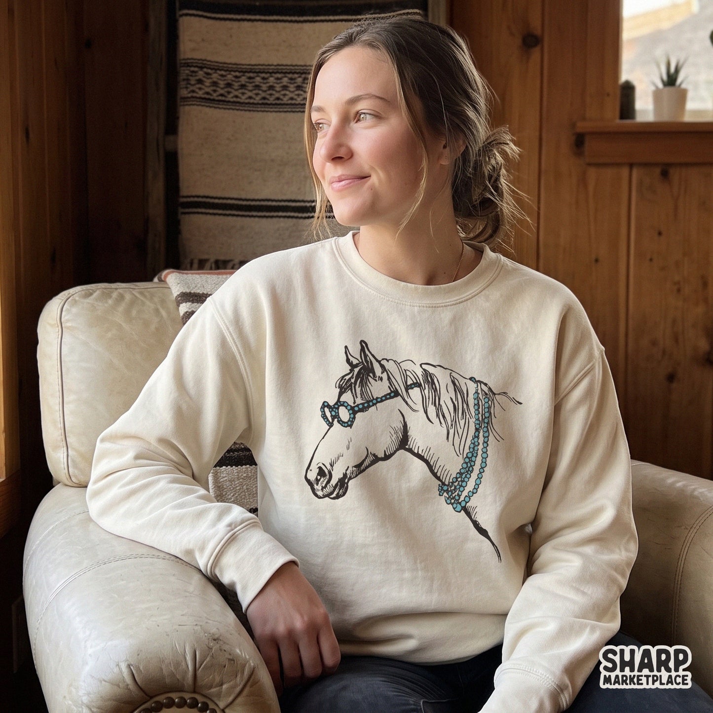 Boho western horse wearing turquoise beaded glasses digital PNG shirt design for sublimation and cowboy apparel