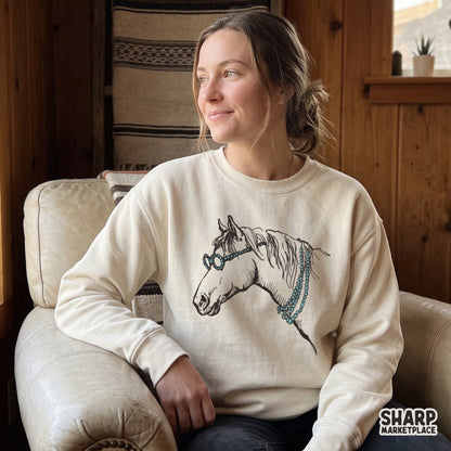 Boho western horse wearing turquoise beaded glasses digital PNG shirt design for sublimation and cowboy apparel