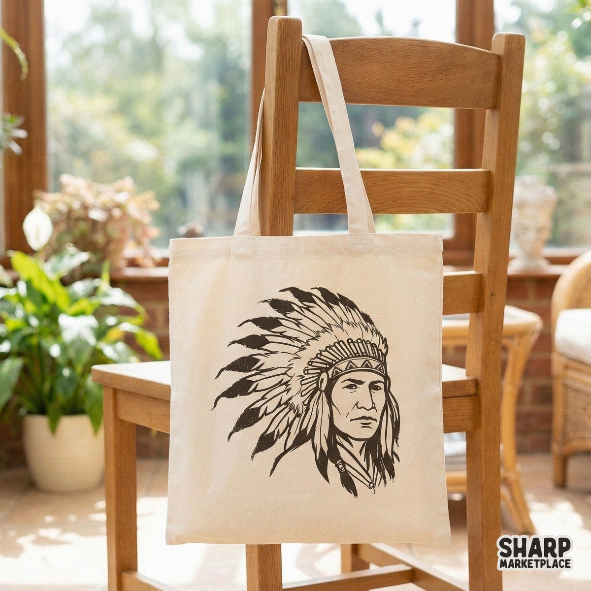 Rustic, hand-drawn indigenous leader graphic with a detailed feathered headdress, perfect for creating custom western-themed apparel and home decor items.