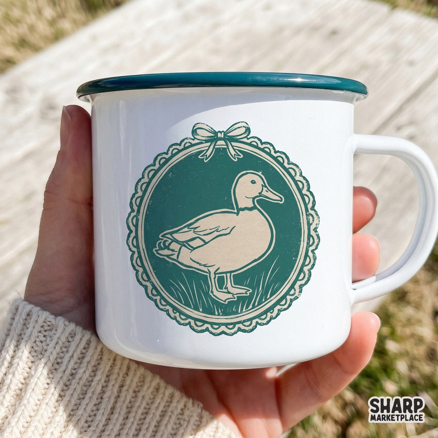 Cottagecore style duck cameo digital art with a scalloped border and bow, ideal for printing on rustic home decor, stickers, or country-themed apparel.